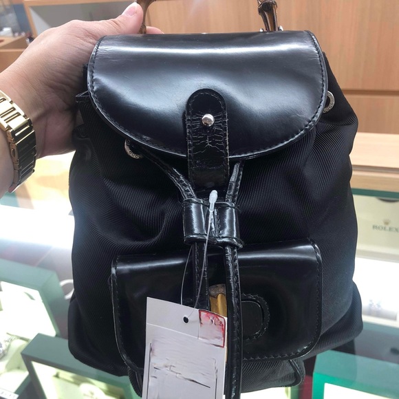 Authentic GUCCI Logos Bamboo Mini Backpack Bag Nylon Leather Black Italy - Picture 3 of 15